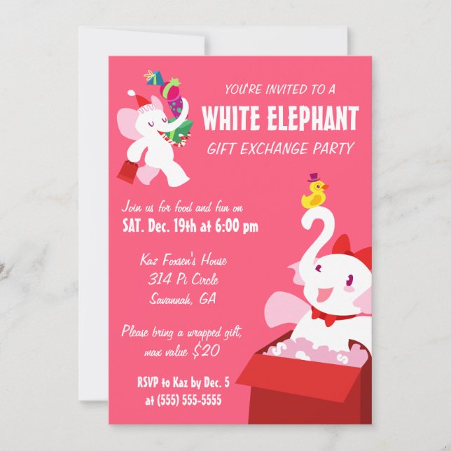 Kawaii Cartoon X-mas White Elephant Party Einladung (Vorderseite)