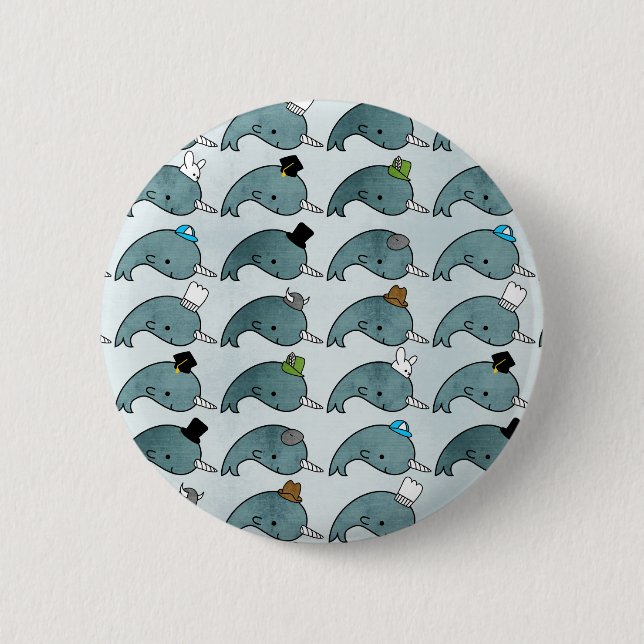 Kawaii CartoonGrunge Narwhals mit Hüte Knopf Button (Vorderseite)