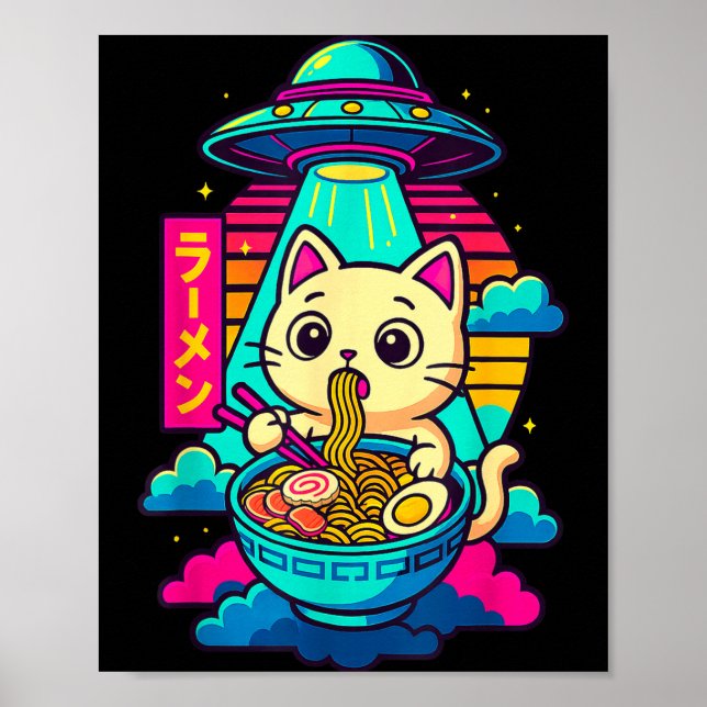 Kawaii Cat Alien Ufo Ramen Graphic Tee Funny Japan Poster (Vorne)