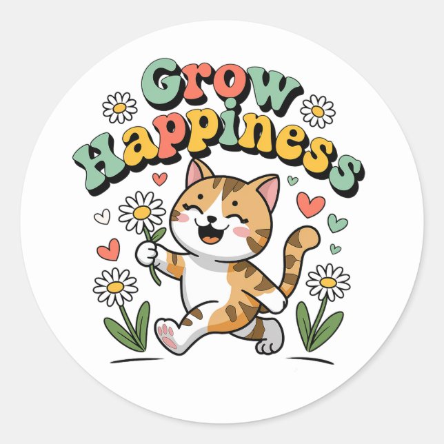 Kawaii Cat Be Happy Summer Garden Motivierend Runder Aufkleber (Vorderseite)