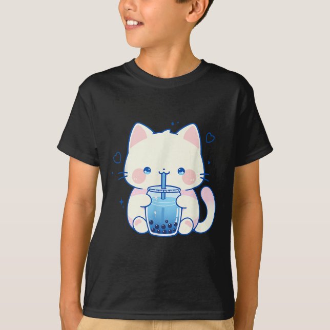 Kawaii Cat Boba Japanese Cute Aesthetic Anime Girl T-Shirt (Vorderseite)
