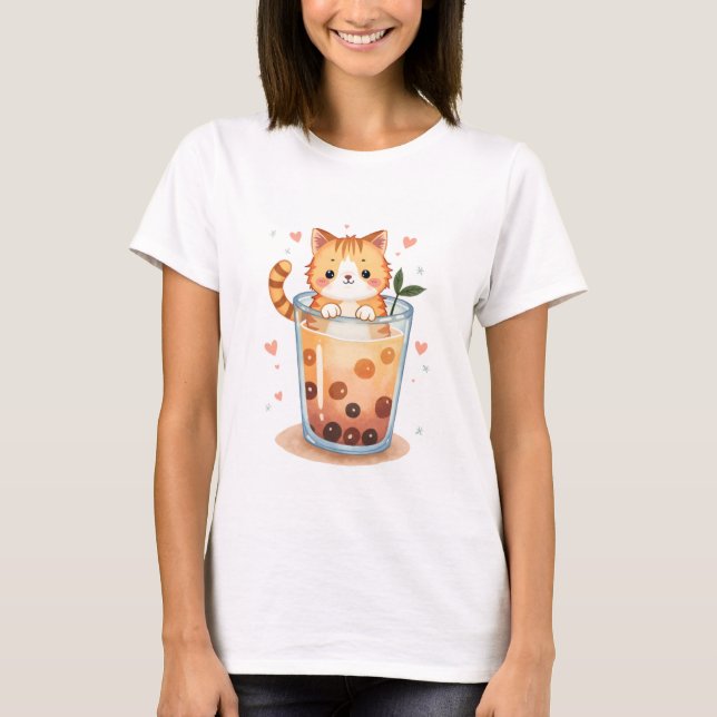 Kawaii Cat Bubble Tea Pastel T-Shirt (Vorderseite)