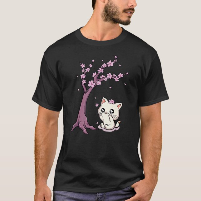 Kawaii Cat Cherry Blossom Anime Kitten Sakura Japa T-Shirt (Vorderseite)