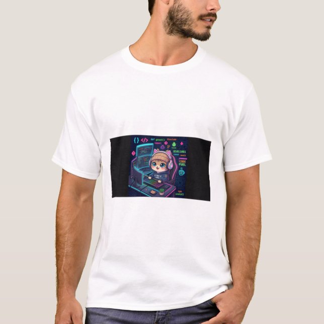 Kawaii Cat Coder T-Shirt | Süße Programmierer Katz (Vorderseite)