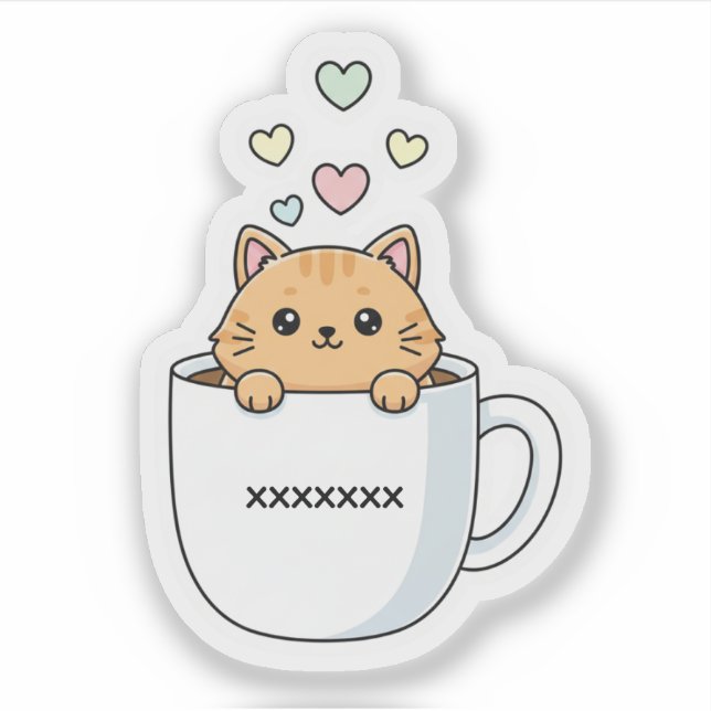 Kawaii Cat & Coffee Hearts Illustration Aufkleber (Vorderseite)
