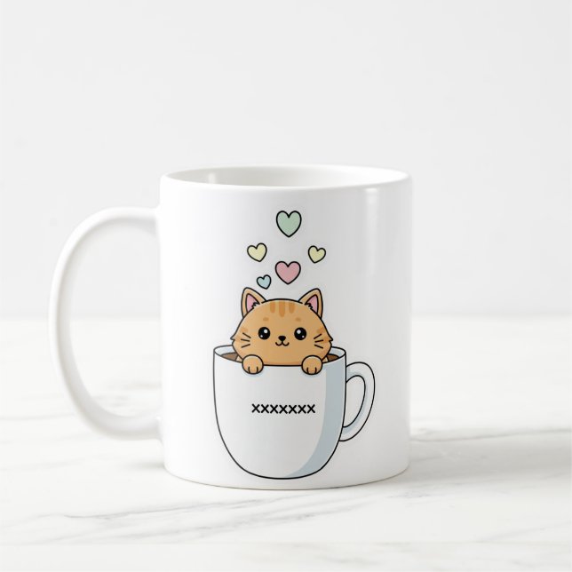 Kawaii Cat & Coffee Hearts Illustration Kaffeetasse (Links)