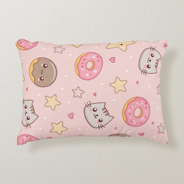 Kawaii Cat, Donut und Star Pattern Dekokissen (Vorderseite)