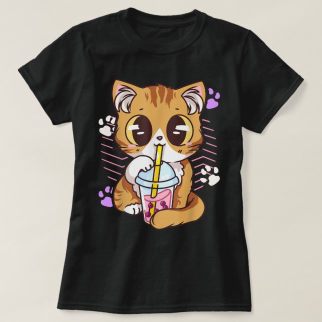 Kawaii Cat Drinking Boba Tea T-Shirt (Design vorne)