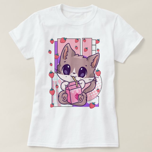 Kawaii Cat Drinking Strawberry Milk T-Shirt