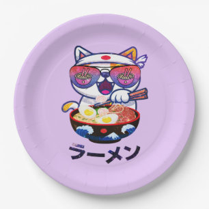 Kawaii Cat Eating Ramen - Niedliche japanische Nud Pappteller