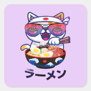 Kawaii Cat Eating Ramen - Niedliche japanische Nud Quadratischer Aufkleber