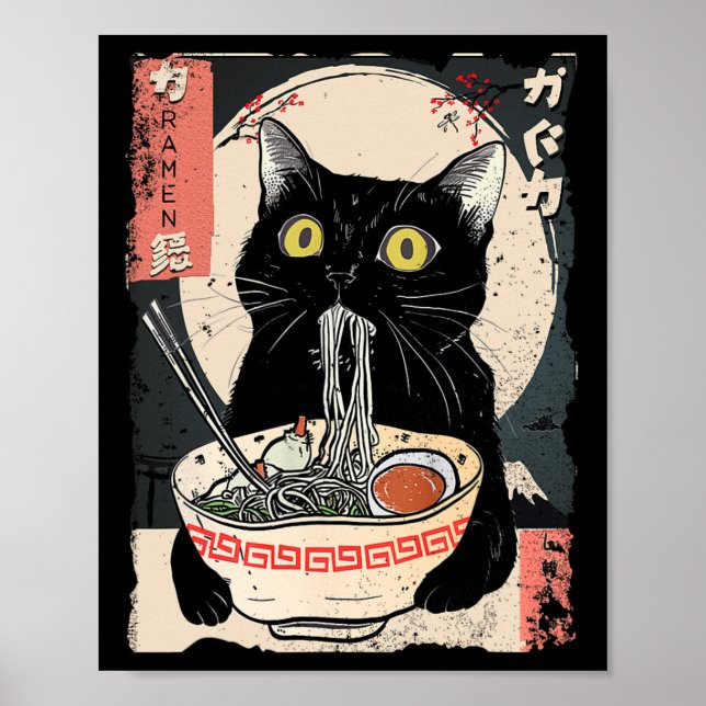 Kawaii Cat Eating Ramen Noodles Funny Anime Gift G Poster (Vorne)