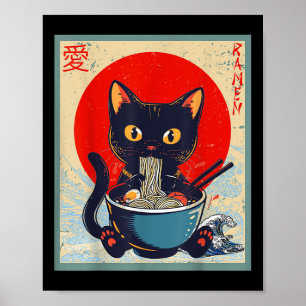 Kawaii Cat Eating Ramen Noodles Funny Anime Girls Poster