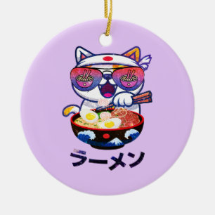 Kawaii Cat Eating Ramen Noodles Keramik Ornament
