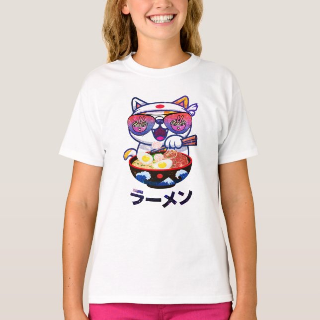 Kawaii Cat Eating Ramen Noodles T-Shirt (Vorderseite)
