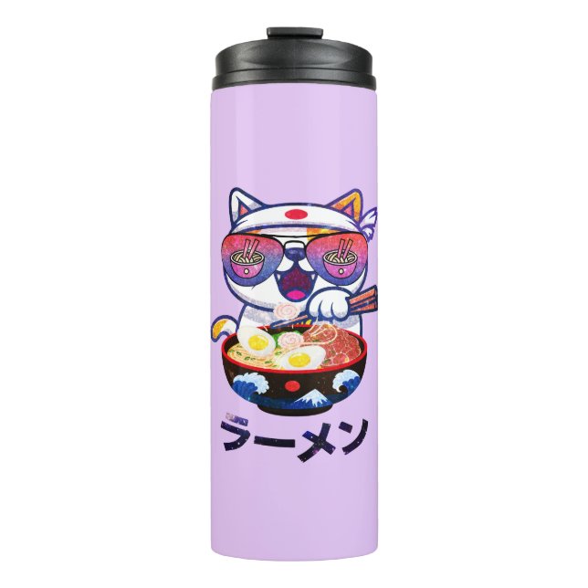 Kawaii Cat Eating Ramen Noodles Thermosbecher (Vorderseite)