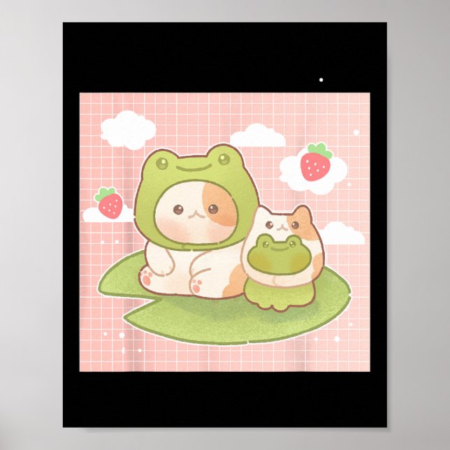 Kawaii Cat Frog Strawberry Retro 90er Cotattcore A Poster (Vorne)