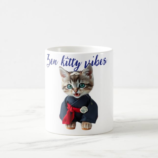 😻 Kawaii Cat in Blue Kimono - Japanese Style Art Kaffeetasse (Mittel)