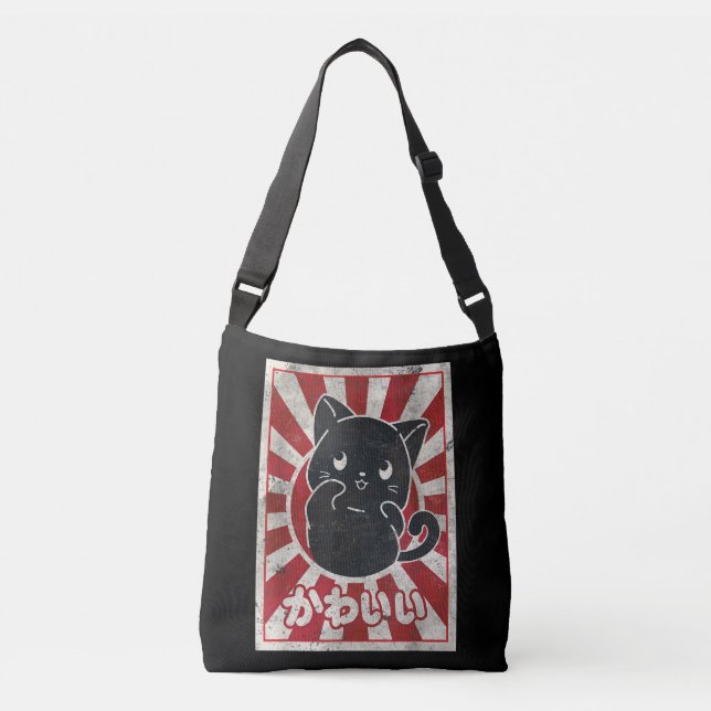 Kawaii Cat Japanisch Black Anime Cat Lover Tragetaschen Mit Langen Trägern (Vorderseite)