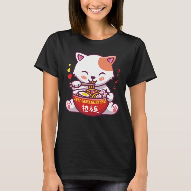 Kawaii Cat Lieben Ramen | Anime Kitty eat Ramen  T-Shirt (Vorderseite)