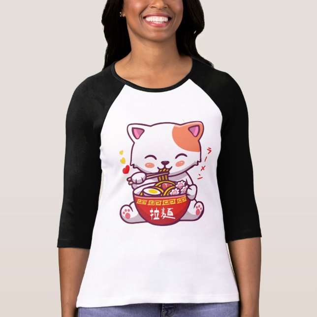 Kawaii Cat Lieben Ramen | Anime Kitty eat Ramen  T-Shirt (Vorderseite)