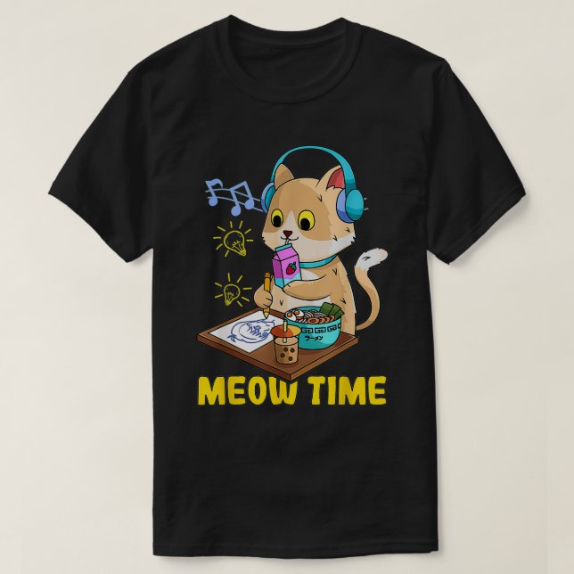 Kawaii Cat Lieben Ramen Bubble Tea Musik und Manga T-Shirt (Design vorne)
