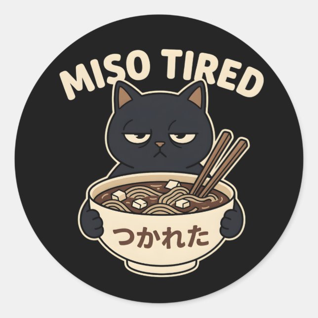 Kawaii Cat Miso Tired Ramen Bowl Food Humor Style Runder Aufkleber (Vorderseite)