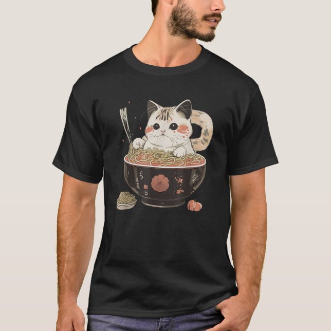 Kawaii Cat Noodle Bowl Japanese Tradittional Graph T-Shirt (Vorderseite)