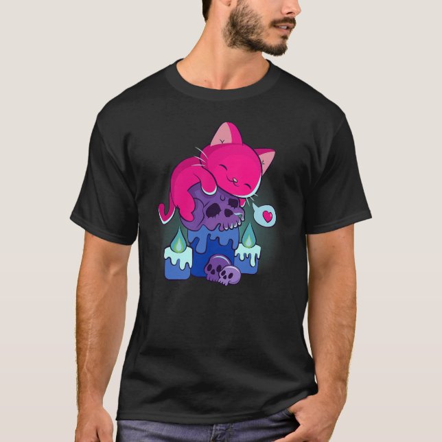 Kawaii Cat on Skulls Cute Bisexual Aesthetic Subtl T-Shirt (Vorderseite)
