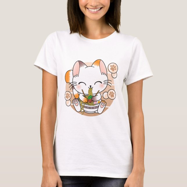 Kawaii Cat Ramen Noodles Otaku Japanisch Anime Nek T-Shirt (Vorderseite)