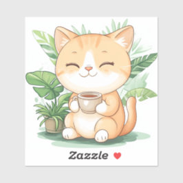 Kawaii Cat Tea Time mit Pflanze Friend Sticker