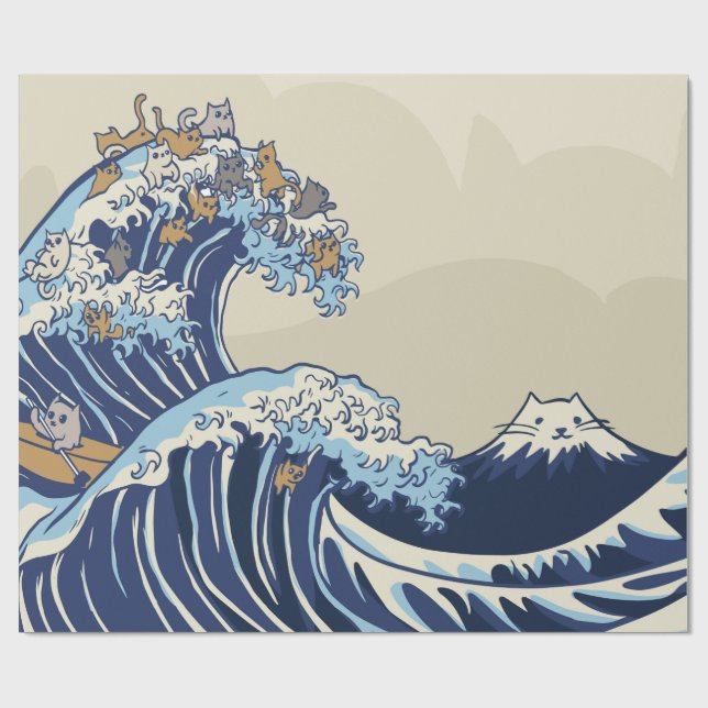 Kawaii Cat Wave Wrapping Paper Geschenkpapier (Flach)