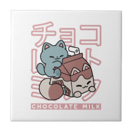 Kawaii Cat with Chocolate Milk – Japanese Pop Art Fliese