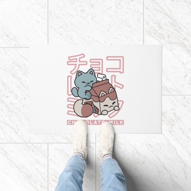 Kawaii Cat with Chocolate Milk – Japanese Pop Art  Fußmatte (Indoor)