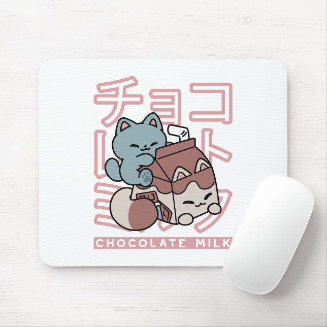 Kawaii Cat with Chocolate Milk – Japanese Pop Art  Mousepad (Mit Mouse)