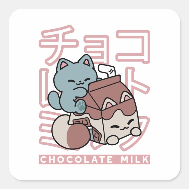 Kawaii Cat with Chocolate Milk – Japanese Pop Art  Quadratischer Aufkleber (Vorderseite)