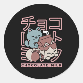 Kawaii Cat with Chocolate Milk – Japanese Pop Art Runder Aufkleber