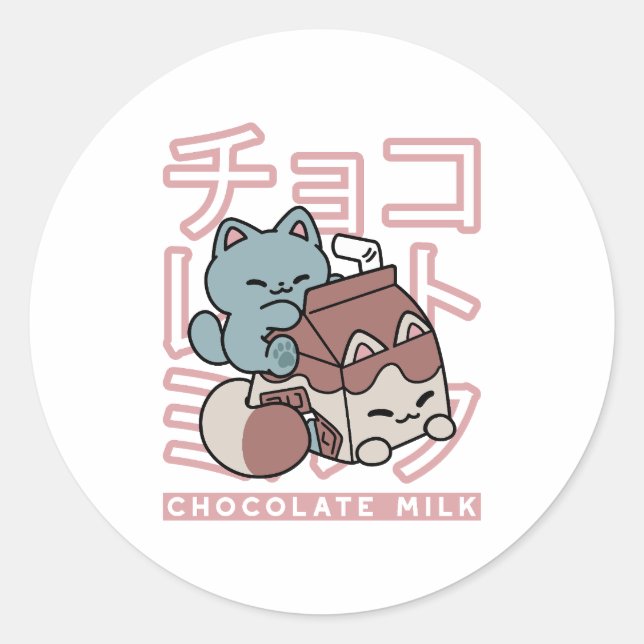 Kawaii Cat with Chocolate Milk – Japanese Pop Art  Runder Aufkleber (Vorderseite)