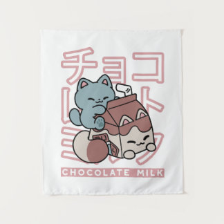 Kawaii Cat with Chocolate Milk – Japanese Pop Art  Wandteppich
