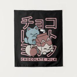 Kawaii Cat with Chocolate Milk – Japanese Pop Art Wandteppich