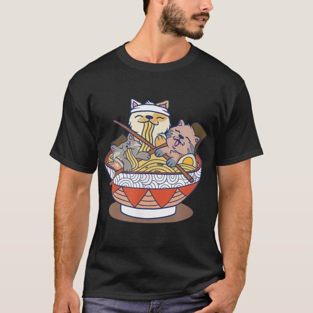 Kawaii Cats Anime Japanisch Ramen Noodles T-Shirt (Vorderseite)