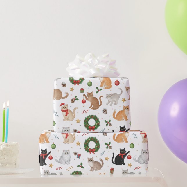 Kawaii Cats & Christmas Decorations Wrapping Paper Geschenkpapier (Partygeschenke)
