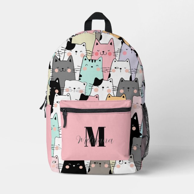 Kawaii Cats Pattern Monogram Name Bedruckter Rucksack (Vorderseite)