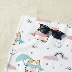 Kawaii Cats Rainy Day Pattern Beach Handtuch