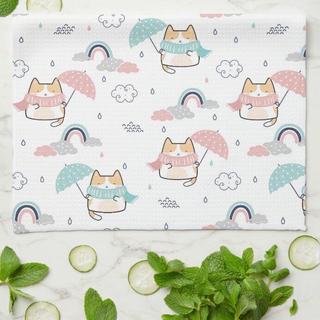 Kawaii Cats Rainy Day Pattern Küchentuch (Gefaltet)