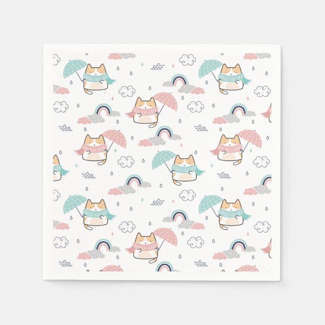 Kawaii Cats Rainy Day Pattern Paper Napkins Serviette (Vorderseite)