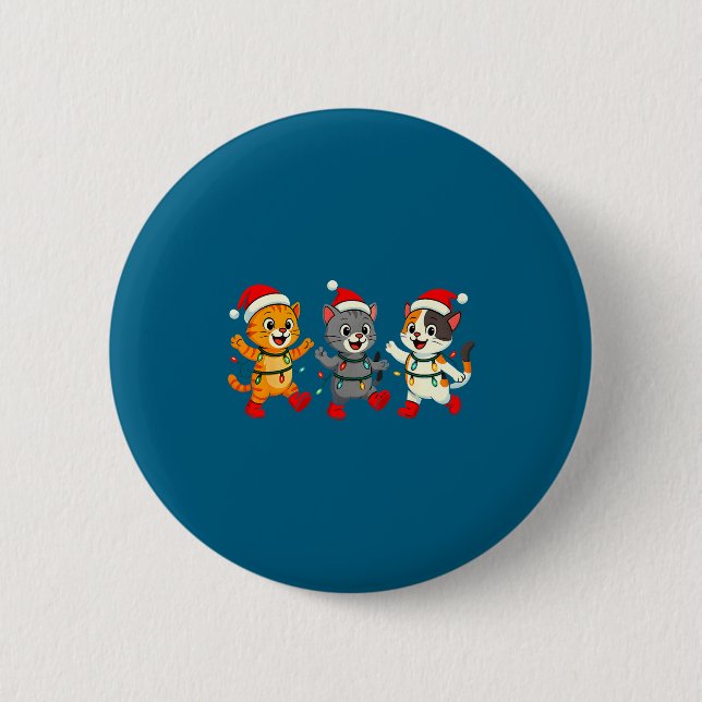 Kawaii Cats Santa Hat Dancing Lights Christmas Dan Button (Vorderseite)