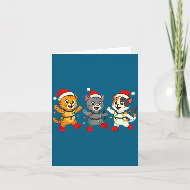 Kawaii Cats Santa Hat Dancing Lights Christmas Dan Karte (Vorderseite)