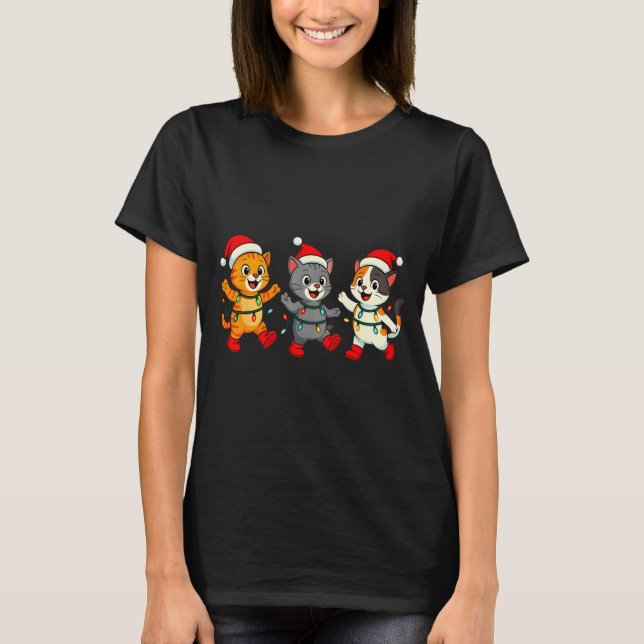 Kawaii Cats Santa Hat Dancing Lights Christmas Dan T-Shirt (Vorderseite)