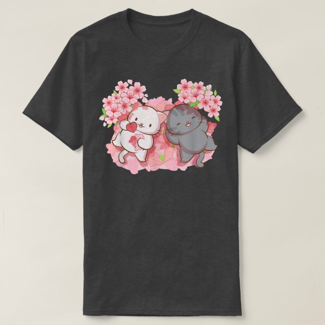 Kawaii Cats under Cherry Blossom Trees Japanese Sa T-Shirt (Design vorne)